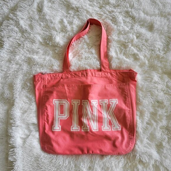 Victoria's Secret Pink Coral Canvas Zipper Tote Dual Handles - Picture 3 of 6